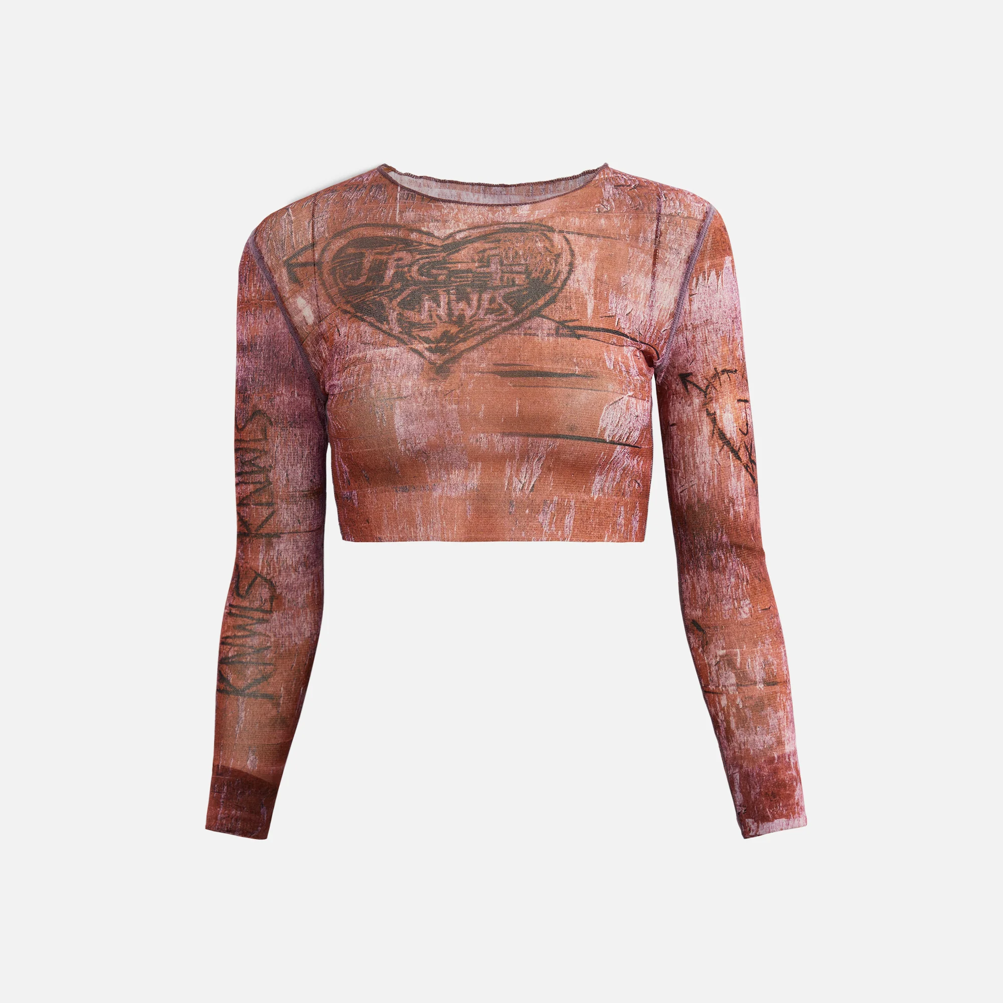 x KNWLS Cropped Top Boat Neck Long Sleeve Printed Scratch Wood