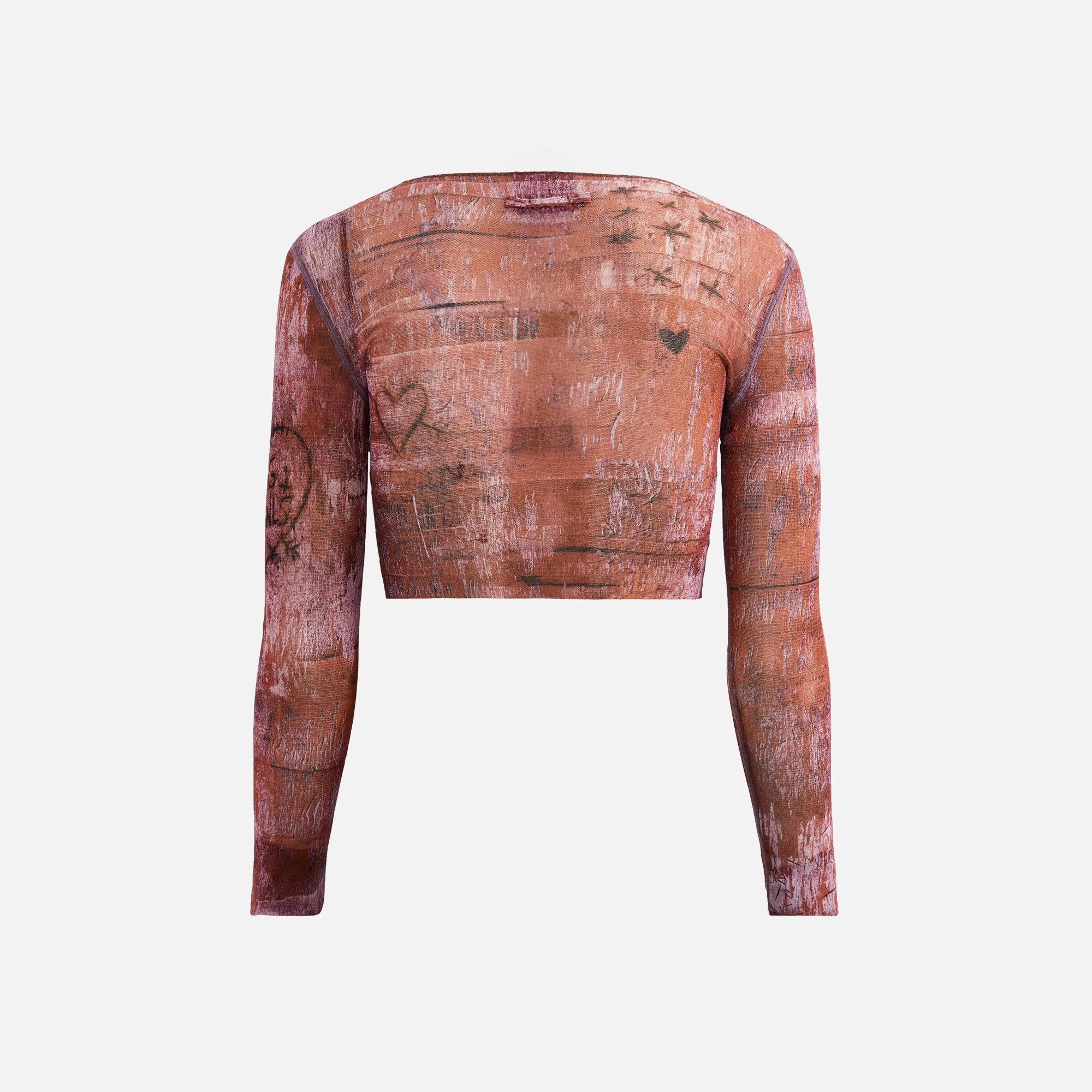 x KNWLS Cropped Top Boat Neck Long Sleeve Printed Scratch Wood