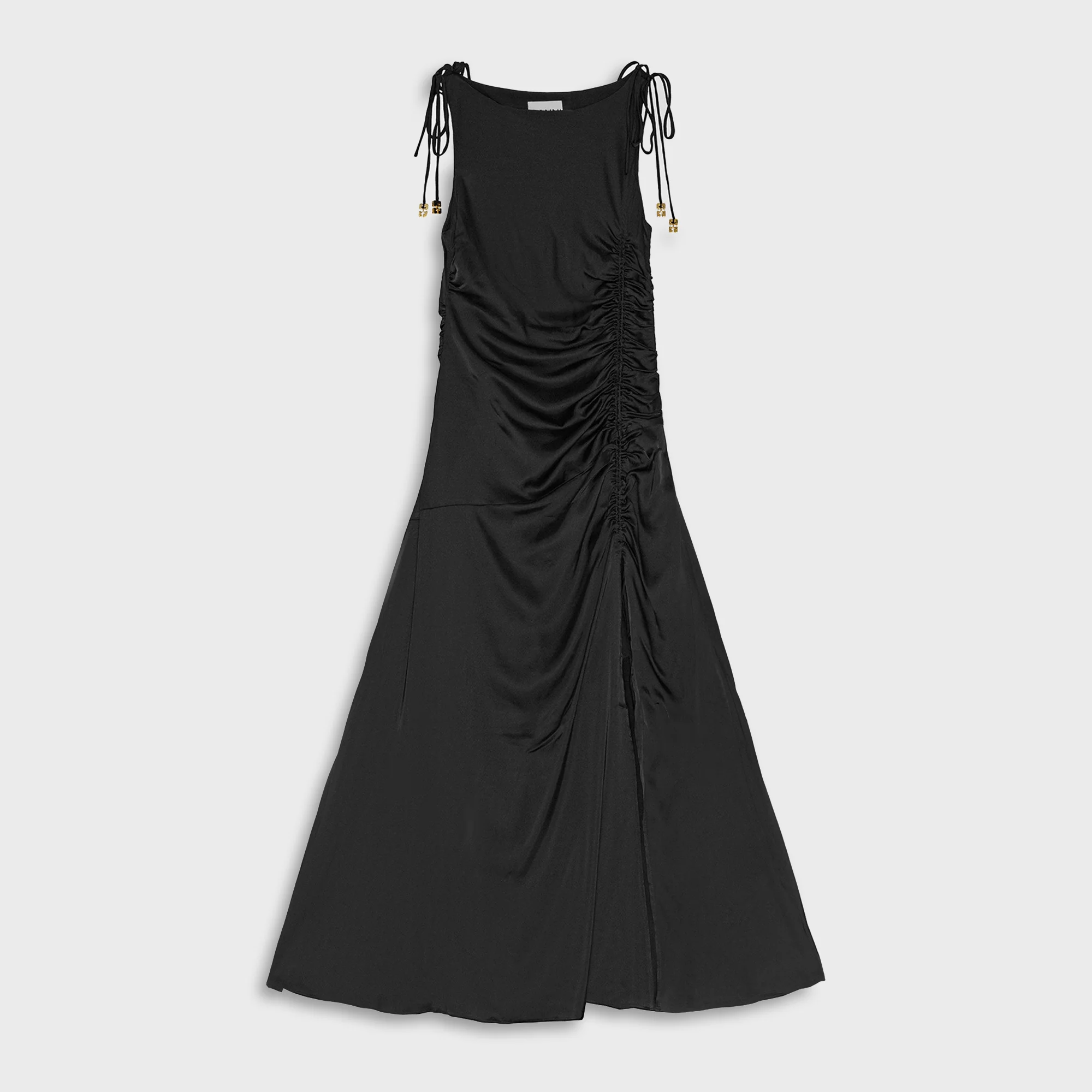 Solid Satin Gathered Long Dress